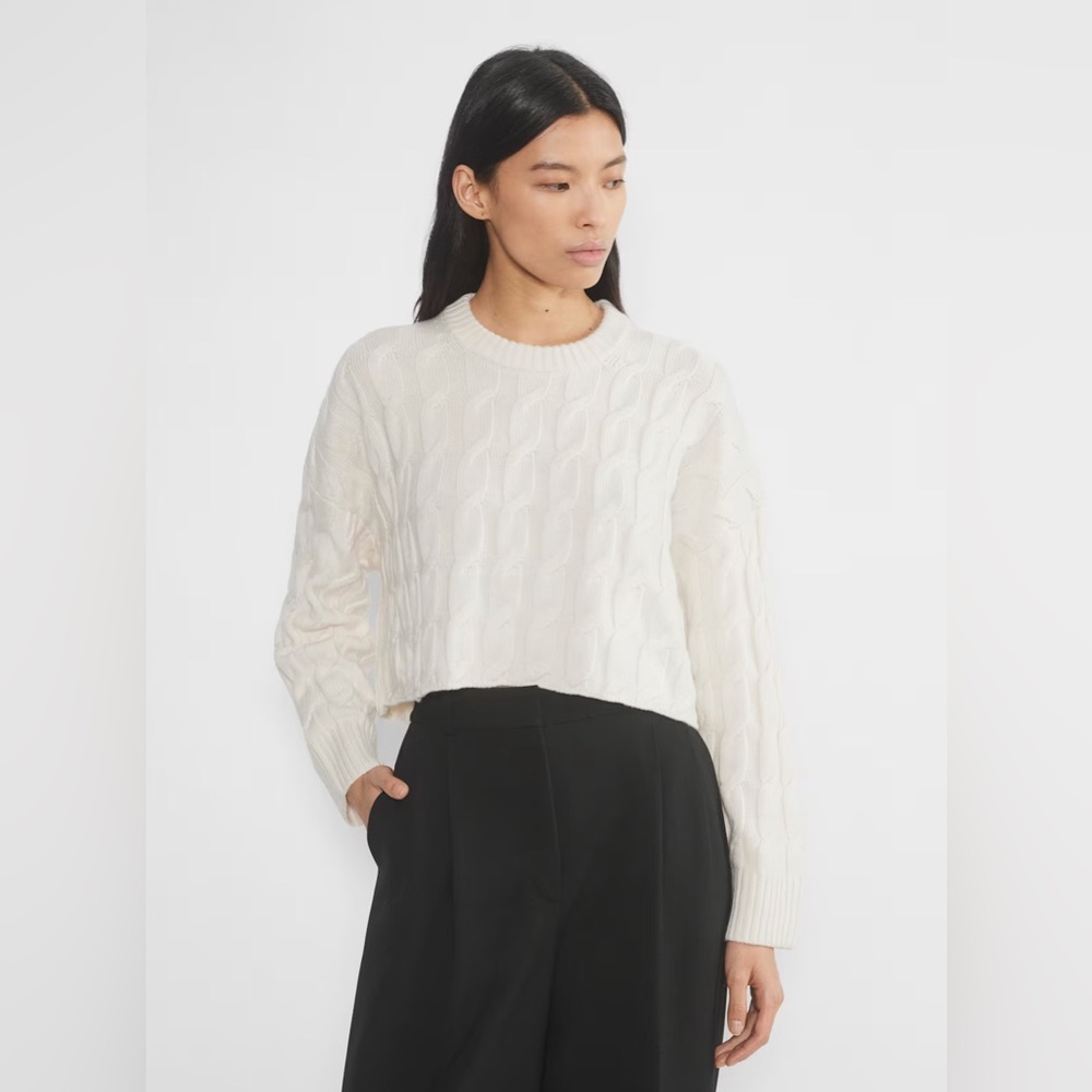 Aritzia Babaton Cream Merino Wool Cable Knit Cropped Top Casual Sweater Sz L